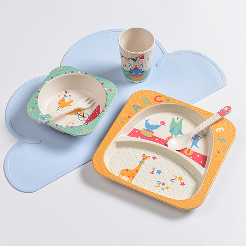 Bamboo Fiber Children Tableware Set Baby Feeding Plates Dishes Bowl With Cup Fork Spoon Cartoon Animal Kids Dinnerware