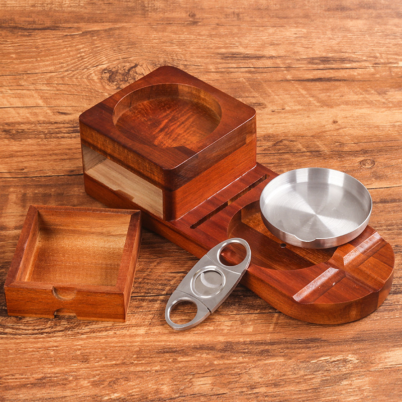 Wholesale High Quality Wooden Cigar Ashtray Accessories Set With Whiskey Glass Cup Novelty Gift Set For Men