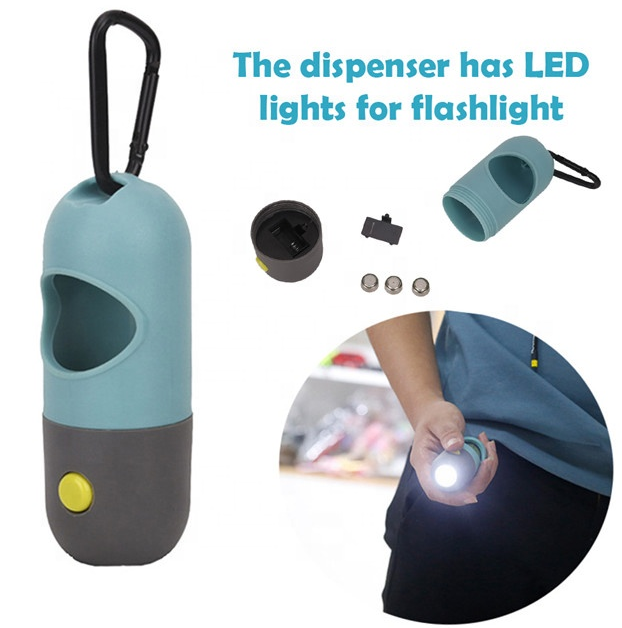 best seller LED flashlight pill shape dog waste bag dispenser with button battery pet dog poop dispenser bag holder