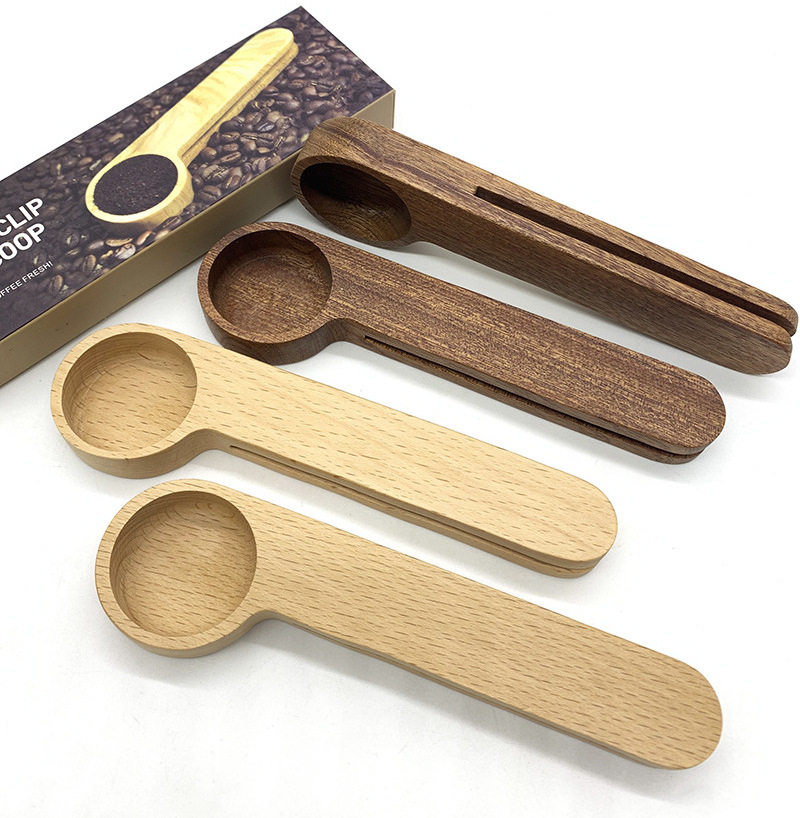 2024 Hot selling Customized Logo Long Handle Natural Beech Wood Coffee Measuring Spoon with Bag Clip