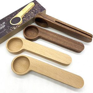 2024 Hot selling Customized Logo Long Handle Natural Beech Wood Coffee Measuring Spoon with Bag Clip