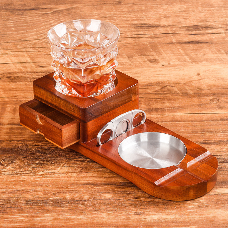 Wholesale High Quality Wooden Cigar Ashtray Accessories Set With Whiskey Glass Cup Novelty Gift Set For Men