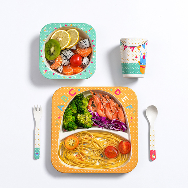 Bamboo Fiber Children Tableware Set Baby Feeding Plates Dishes Bowl With Cup Fork Spoon Cartoon Animal Kids Dinnerware