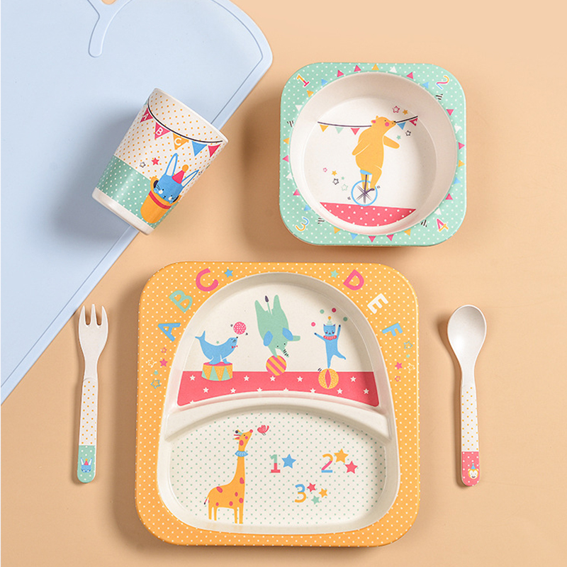 Bamboo Fiber Children Tableware Set Baby Feeding Plates Dishes Bowl With Cup Fork Spoon Cartoon Animal Kids Dinnerware