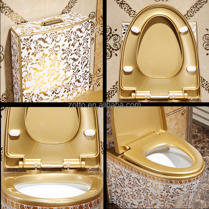 Wc Golden and White Plated Toilet Flowered Pattern High Temperature Gold Bathroom Toilet Ware Ceramic Siphonic One-piece Toilet