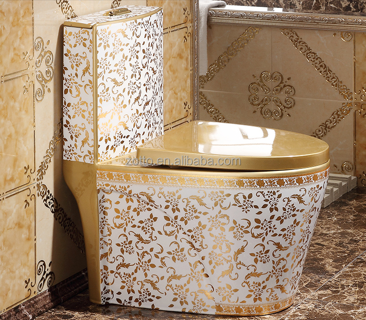 Wc Golden and White Plated Toilet Flowered Pattern High Temperature Gold Bathroom Toilet Ware Ceramic Siphonic One-piece Toilet