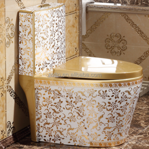 Wc Golden and White Plated Toilet Flowered Pattern High Temperature Gold Bathroom Toilet Ware Ceramic Siphonic One-piece Toilet