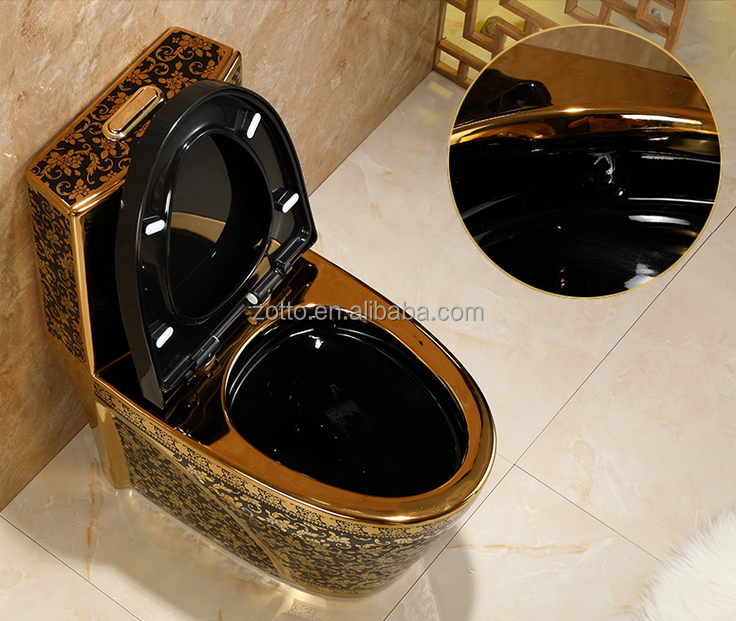 Wc Golden and White Plated Toilet Flowered Pattern High Temperature Gold Bathroom Toilet Ware Ceramic Siphonic One-piece Toilet