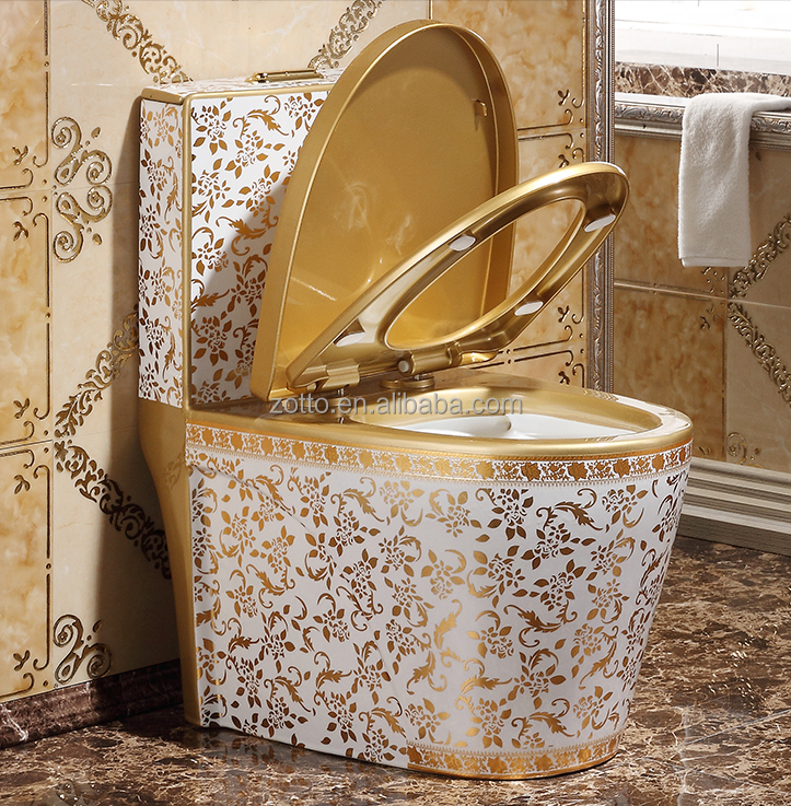 Wc Golden and White Plated Toilet Flowered Pattern High Temperature Gold Bathroom Toilet Ware Ceramic Siphonic One-piece Toilet