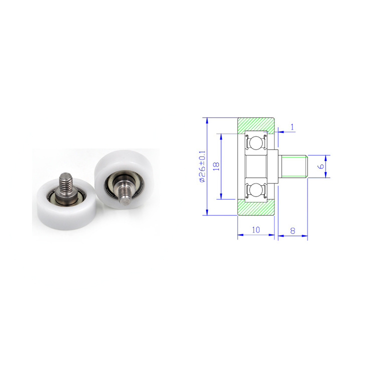 BS62626-10C1L8M6 Cabinet Pom Nylon Coated Plastic Rollers Bearing 26mm Plastic Roller Wheels With Screw M6x26x8mm