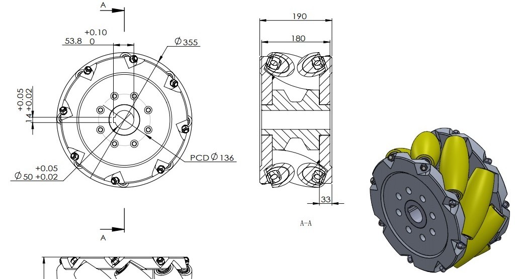 Load capacity 4 tones 355mm solid rubber wheels heavy duty mecanum wheel