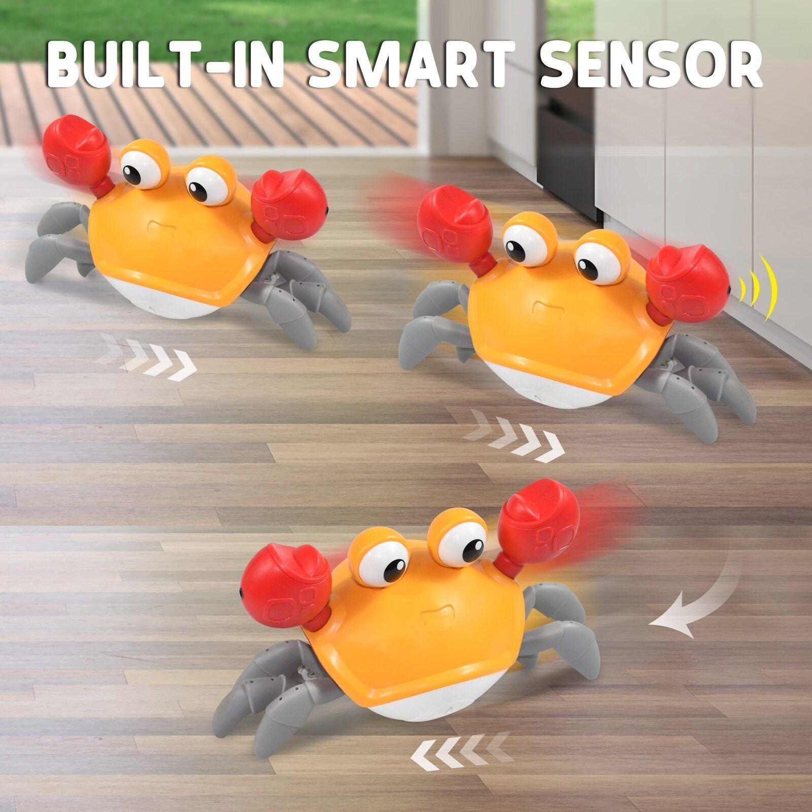 Rechargeable Automatically Interactive Moving Dog Toy Avoid Obstacles Crawling Crab Toys with Light Up and Music