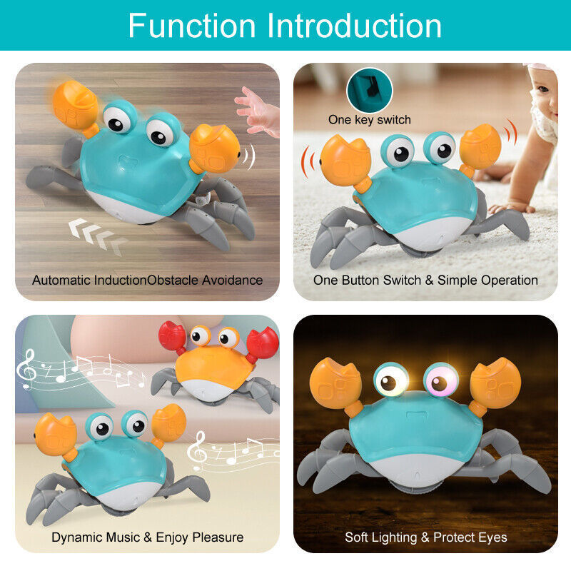 Rechargeable Automatically Interactive Moving Dog Toy Avoid Obstacles Crawling Crab Toys with Light Up and Music