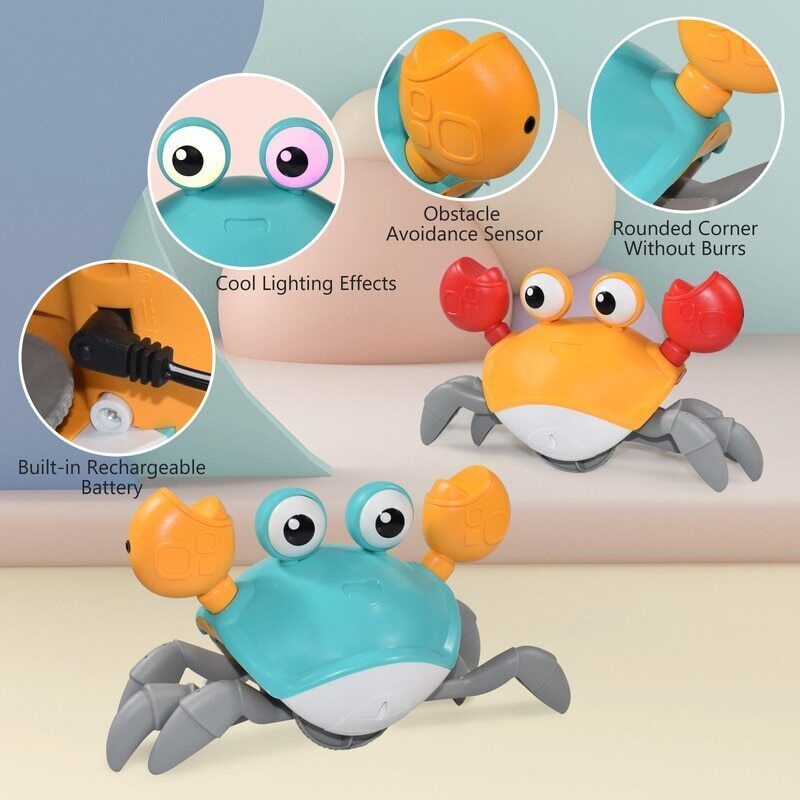 Rechargeable Automatically Interactive Moving Dog Toy Avoid Obstacles Crawling Crab Toys with Light Up and Music