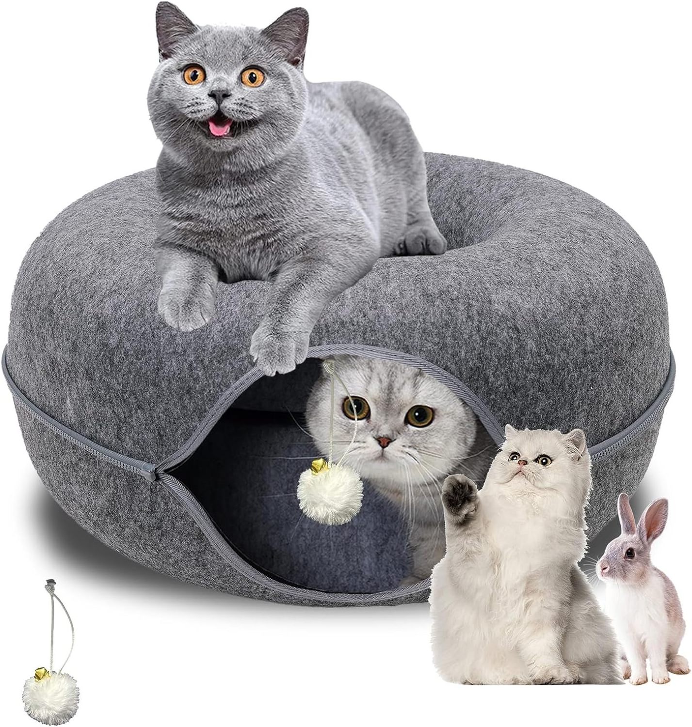 Fleeced Sleep Cozy Cat Donut Tunnel Bed Scratch Detachable Washable Peekaboo Cat Cave for Multiple & Large Cats