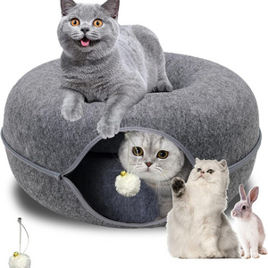 Fleeced Sleep Cozy Cat Donut Tunnel Bed Scratch Detachable Washable Peekaboo Cat Cave for Multiple & Large Cats