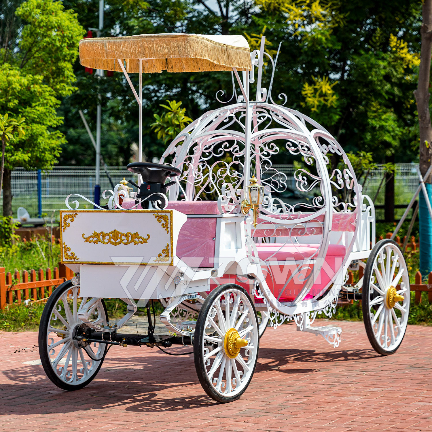 Wedding parties can ride in a white pumpkin carriage