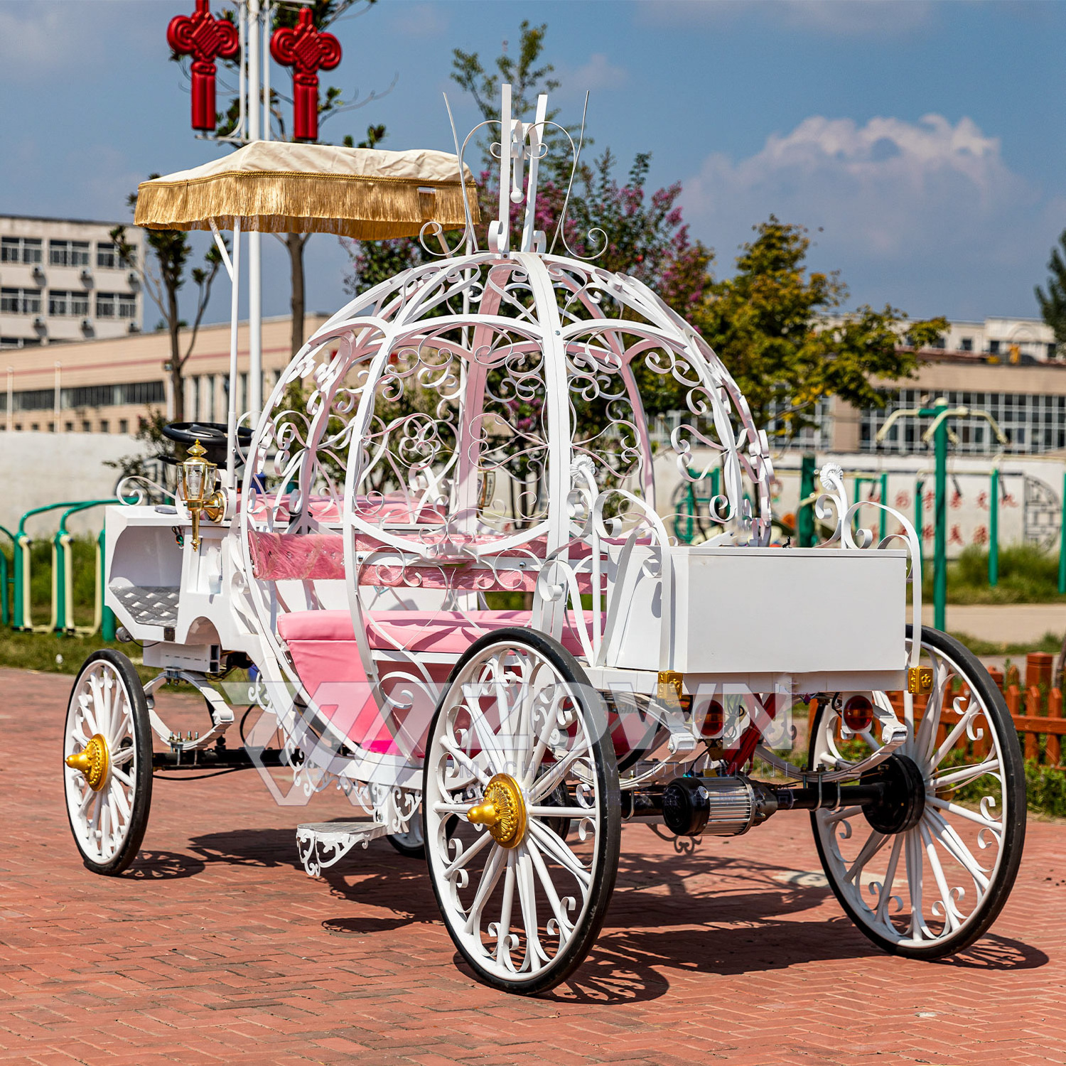 Wedding parties can ride in a white pumpkin carriage