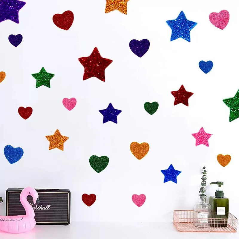 Home Decoration Stickers Glitter Adhesive Loves and Stars Kid's Arts Stickers for Craft Supplies Greeting Cards Wall