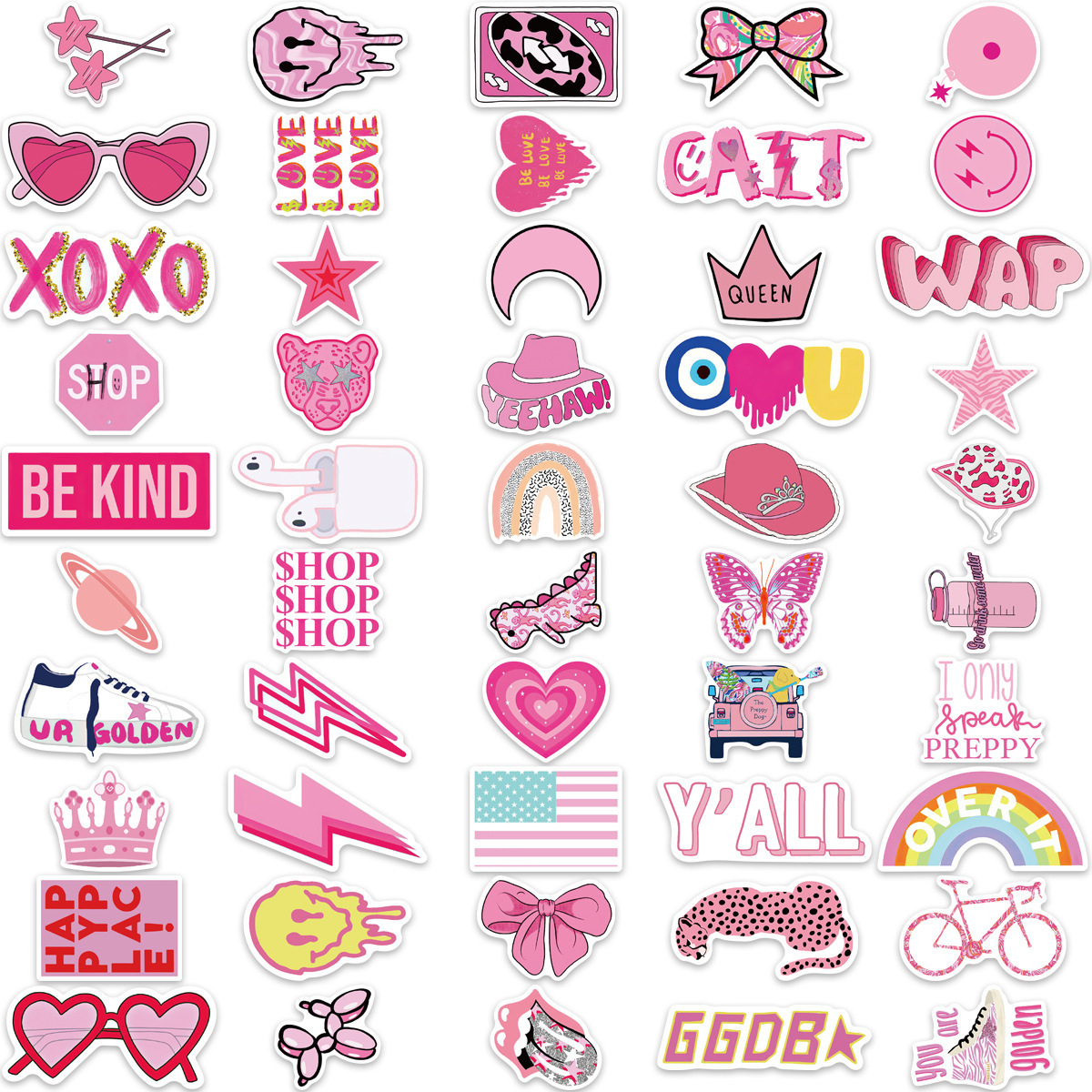 100Pcs Pink Preppy Decorative Die Cut Stickers Smile Vinyl Waterproof Pvc Sticker for Laptop Water Bottles Car Stickers Decals