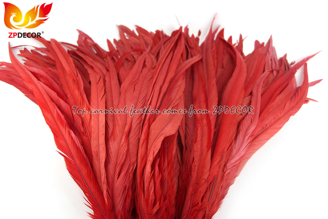 ZPDECOR Factory Wholesale Stock 35-40 cm  Bleached Dyed Red Coque Rooster Tail Feathers for Carnival Costumes for Women