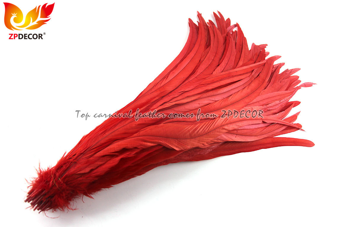 ZPDECOR Factory Wholesale Stock 35-40 cm  Bleached Dyed Red Coque Rooster Tail Feathers for Carnival Costumes for Women