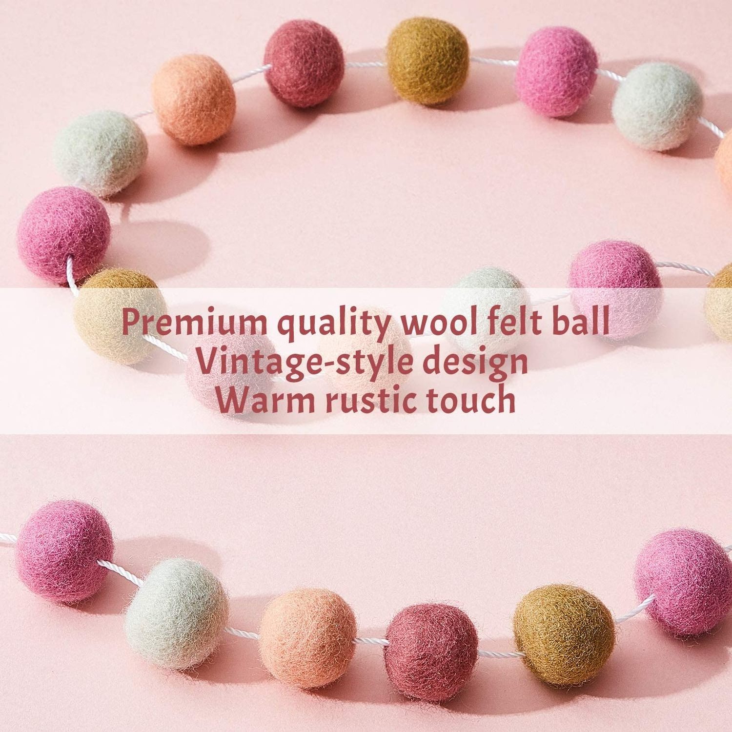 Wool felt garland color pompon clip handmade 6.5 foot long 24 ball felt garland for wall Christmas tree decoration