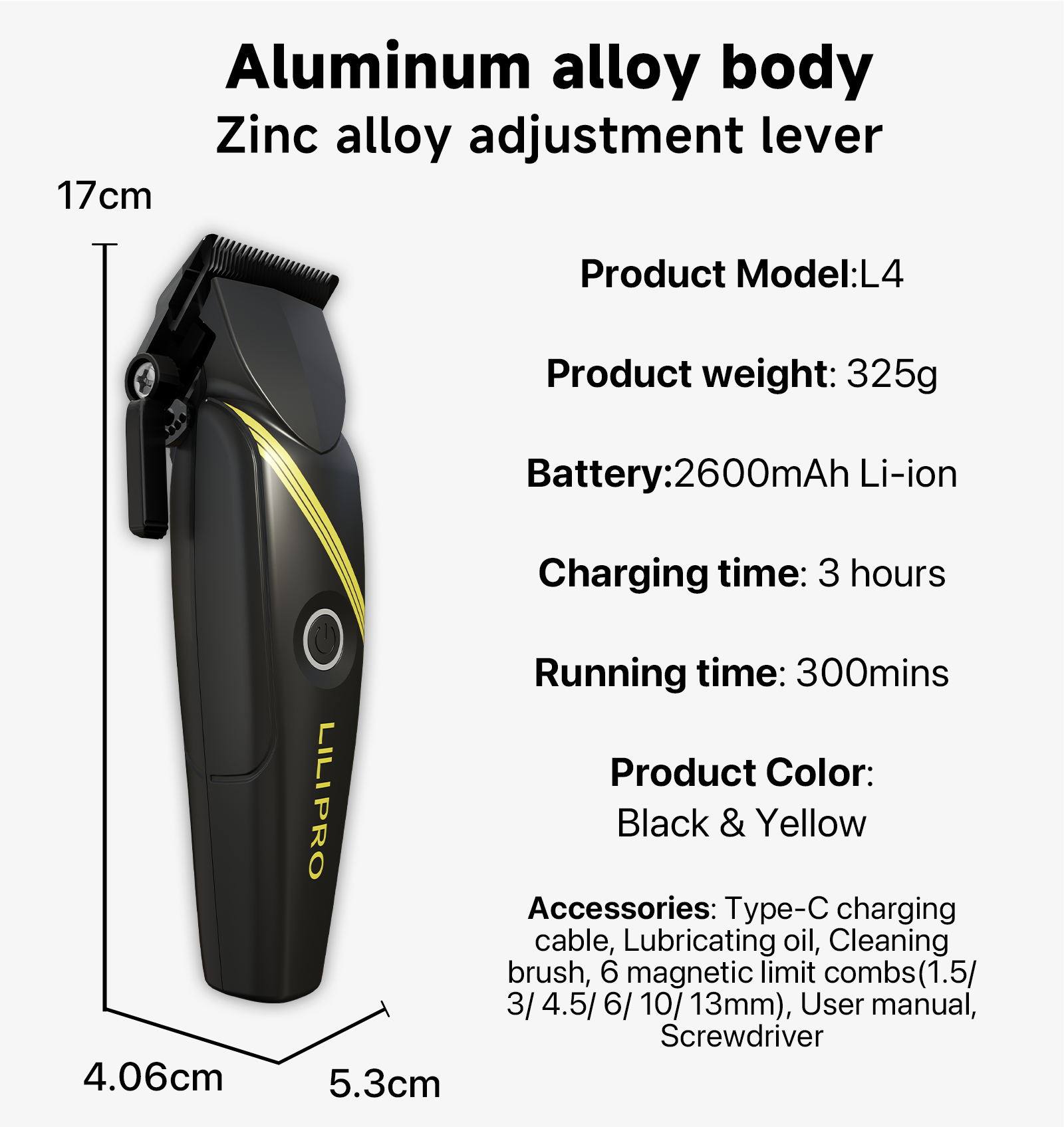 LILIPRO Professional High-speed Motor Aluminum Alloy Metal Material  Cordless Electric Rechargeable Hair Clipper Trimmer Set