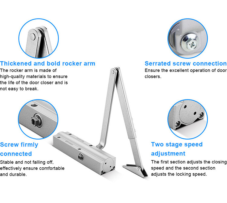 EN2 Door Closer Adjustable Cam Action Latching Closing Speed Adjustable Over Door Closer Non-Handed Install