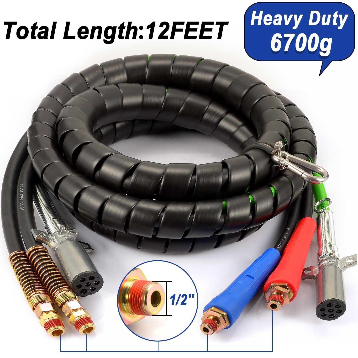 12 Ft Trailer Connector Coil Cable 3 in 1 Truck Hose Spiral ABS Electrical Cord Rubber Air Line Hose Assemblies