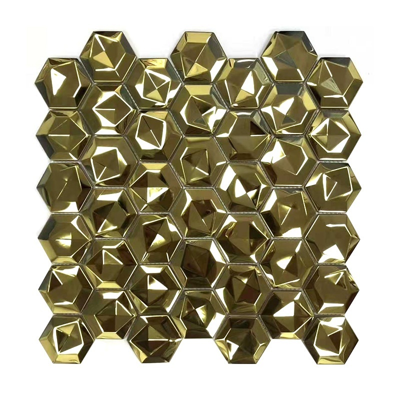 BOTON STONE Factory Wholesale Gold Hexagon Kitchen Backsplash 3D Wall Stone Stainless Steel Metal Mosaic Tile