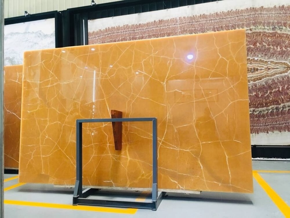 BOTON STONE Natural Stone Polished Transparent Yellow Dragon Marble Slabs with Pink Vein Onyx Stone Tiles