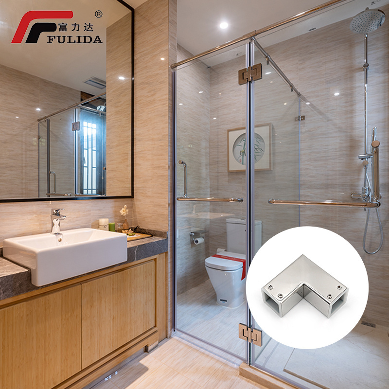 Frameless Sliding Tempered Glass Door Hinges 90 Degree Pipe Sleeve Stainless Steel Glass Corner Connector