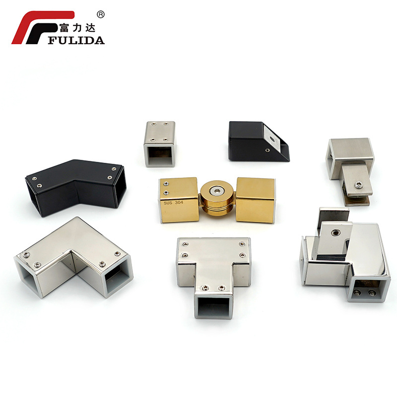 Frameless Sliding Tempered Glass Door Hinges 90 Degree Pipe Sleeve Stainless Steel Glass Corner Connector