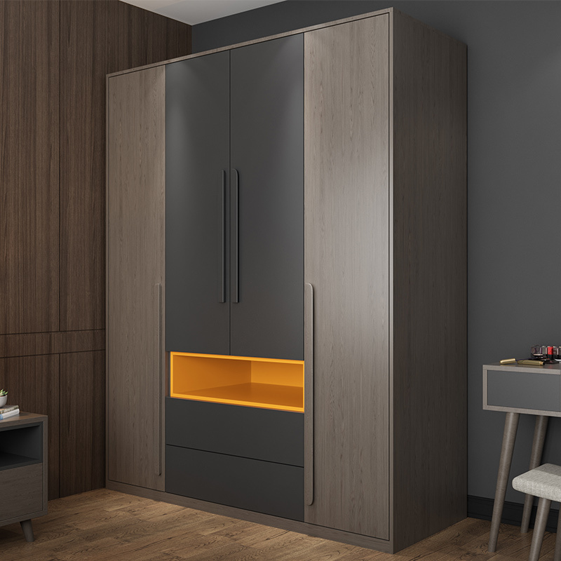 New China Factory Offering bedroom wardrobe simple design  melamine Wood Wardrobe 4 door solid wood wardrobe gray