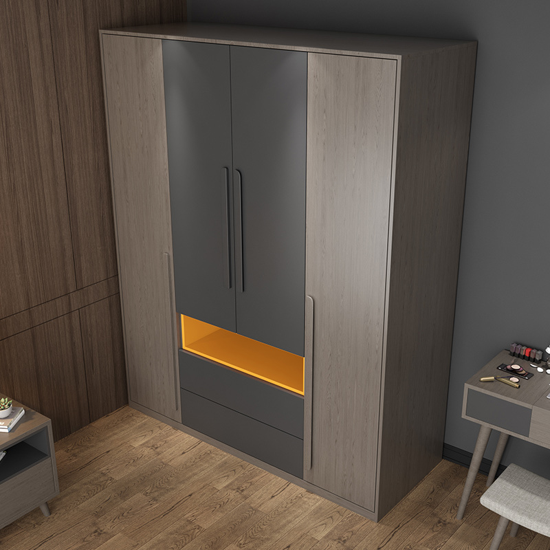 New China Factory Offering bedroom wardrobe simple design  melamine Wood Wardrobe 4 door solid wood wardrobe gray