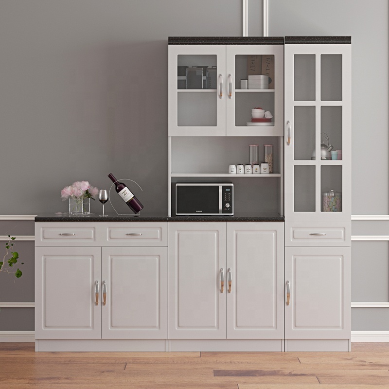 White Particle board kitchens furniture  MDF modern kitchen cabinet features metal slider storage plastic cabinets