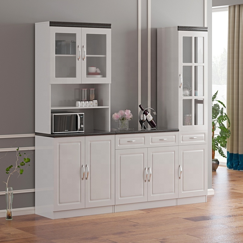 White Particle board kitchens furniture  MDF modern kitchen cabinet features metal slider storage plastic cabinets