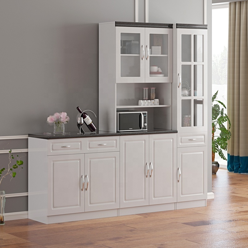 White Particle board kitchens furniture  MDF modern kitchen cabinet features metal slider storage plastic cabinets