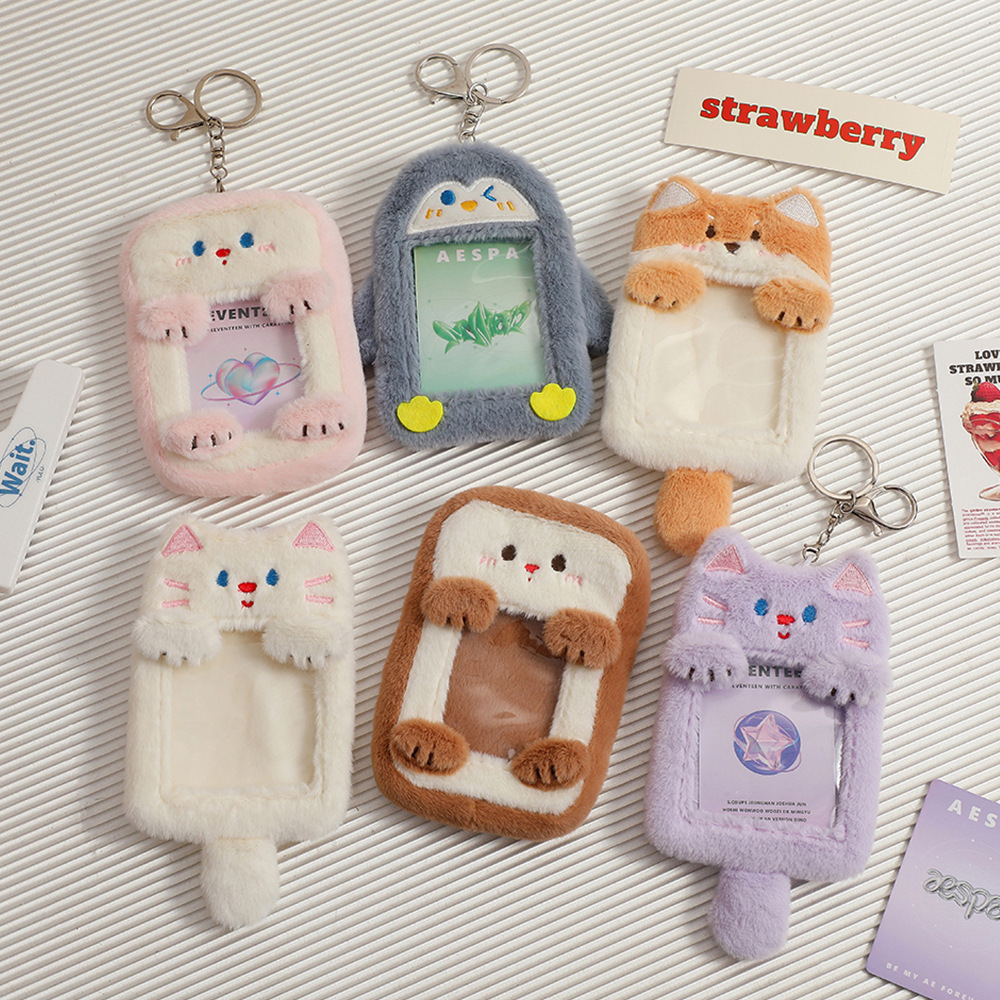 Wholesale Cute plush Kpop photo card holder keychain Cartoon Bear bunny cat photo sleeve ID card bank credit cartoon keychain