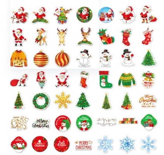 50pc/bag Christmas Holographic Shiny Sticker Children's Festival Party Decorative Sticker Christmas Tree Waterproof Sticker