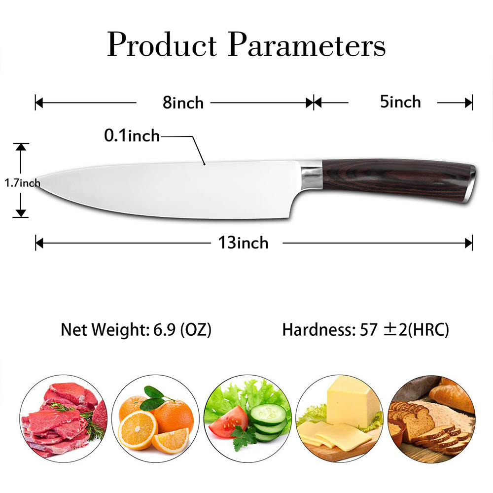 Custom Logo Pro Kitchen Knife 8 Inch Chef's Knives High Carbon Stainless Steel Japanese Chef Knife with Ergonomic Handle