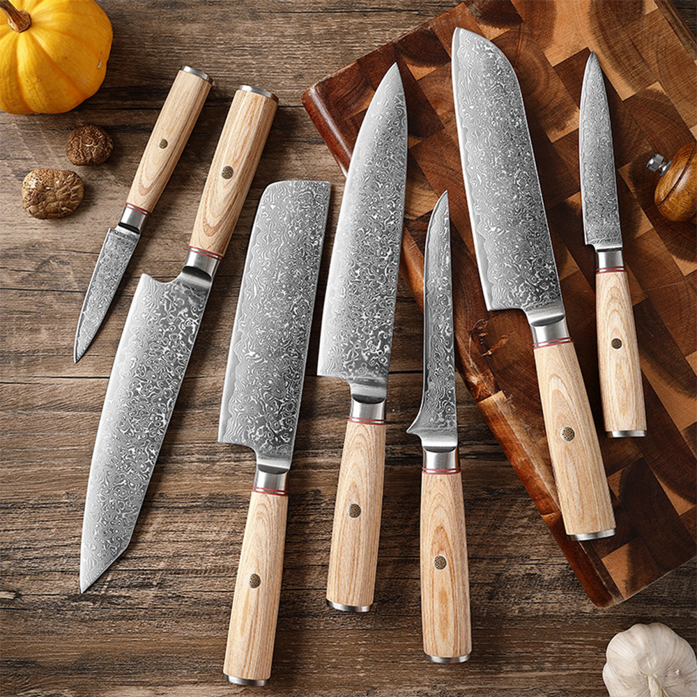 Professional 7Pcs Damascus Steel Japanese Kitchen Knives Set With Pakka Wood Handle VG10 67 Layers Damascus Kitchen Knife Set