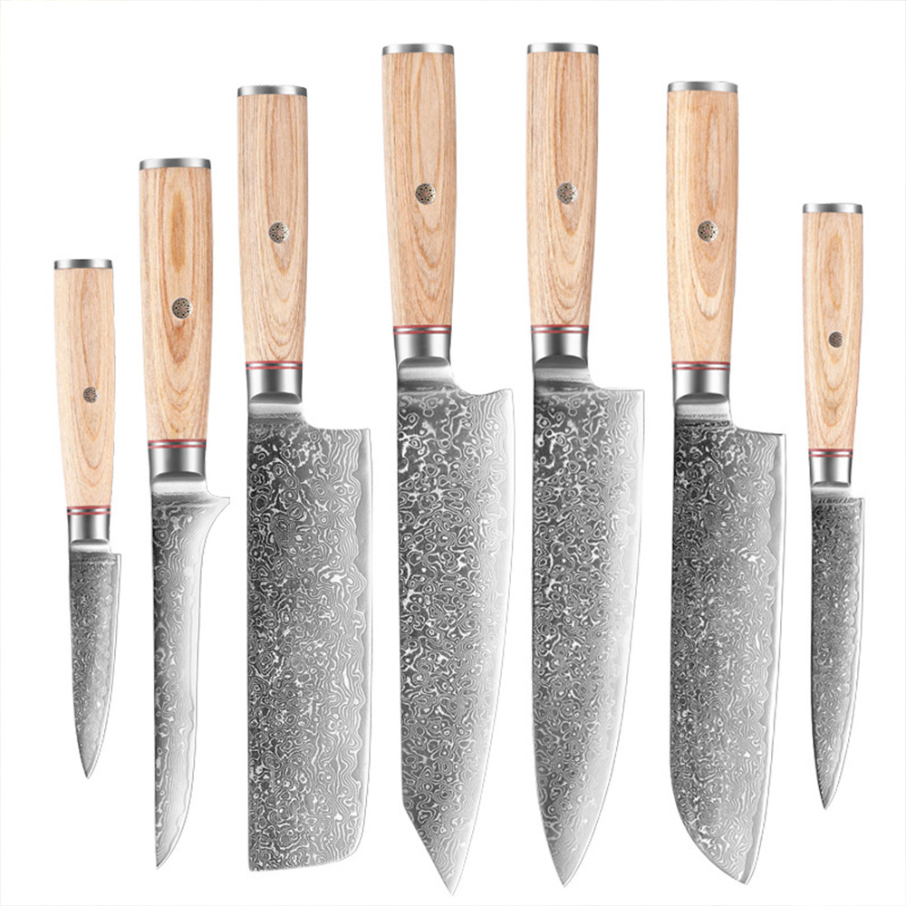 Professional 7Pcs Damascus Steel Japanese Kitchen Knives Set With Pakka Wood Handle VG10 67 Layers Damascus Kitchen Knife Set