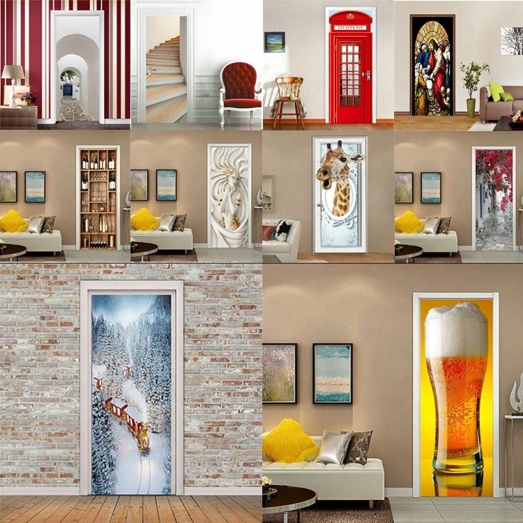 3D Stickers Waterproof Door Stickers Door Mural Peel Self Adhesive Wallpaper PVC Wall Sticker Decorative