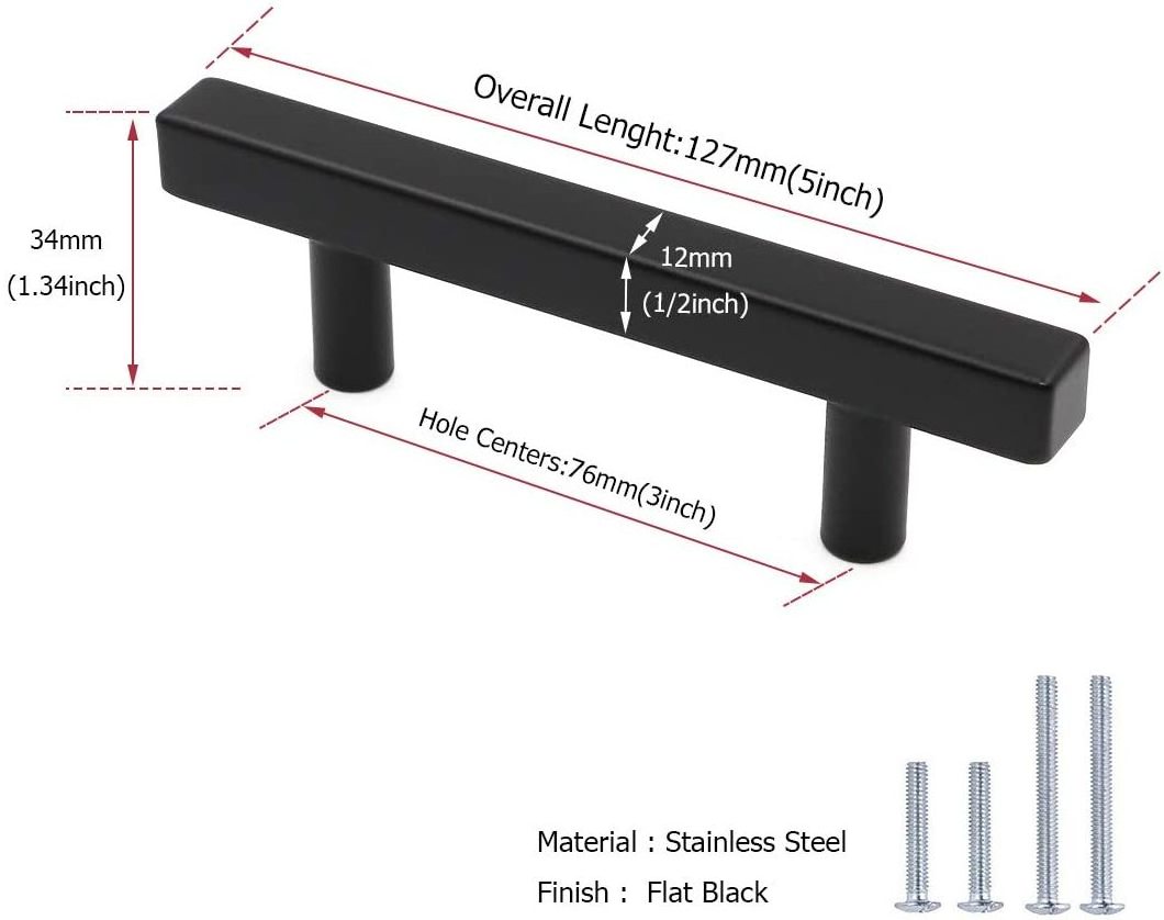 Matte Black Square Handles for Cabinets Dressers Cupboard 76mm Hole Centers Kitchen Cabinet Hardware