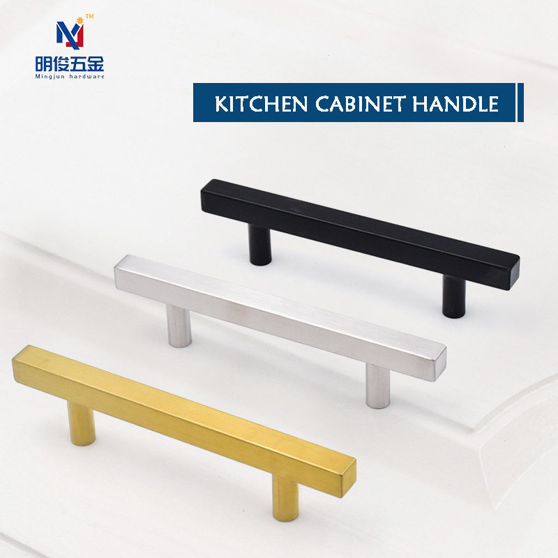 Furniture Hardware Stainless Steel Metal Brushed Gold Kitchen Cabinet Handles And Knobs Black Drawer Square T Bar Pull Handle