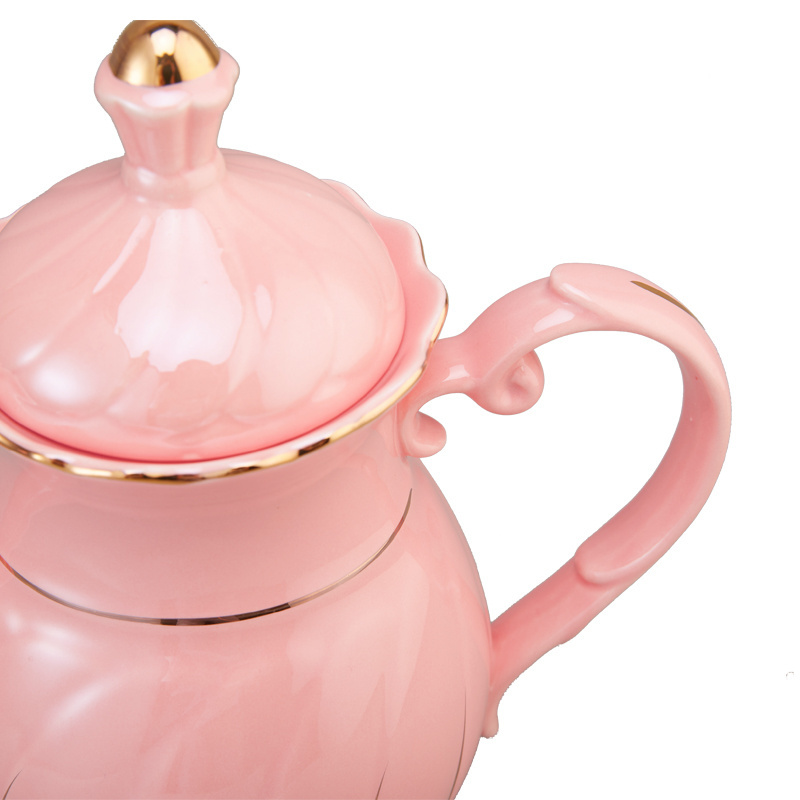 Turkish Porcelain Teapot Ceramic Tea Kettle Pink Color with Gold Line Large Capacity Coffee Pot