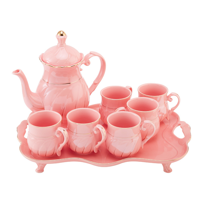 Turkish Porcelain Teapot Ceramic Tea Kettle Pink Color with Gold Line Large Capacity Coffee Pot