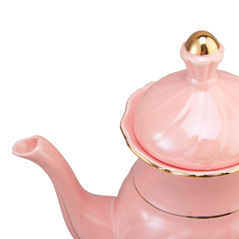 Turkish Porcelain Teapot Ceramic Tea Kettle Pink Color with Gold Line Large Capacity Coffee Pot